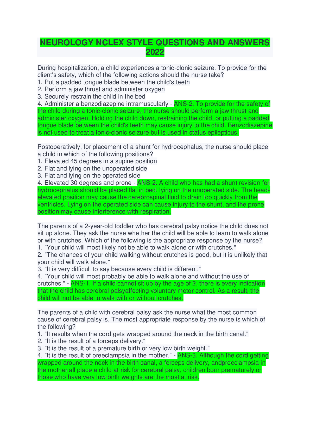 Preview image for NEUROLOGY NCLEX STYLE QUESTIONS AND ANSWERS  2022